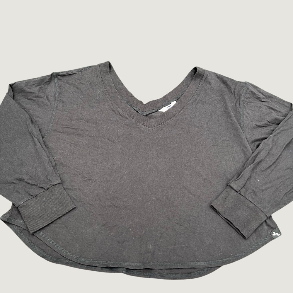 JoyLab Women XXL Black Onyx Boxy Cropped V-Neck Long‎ Sleeve Tee Cotton Shirt